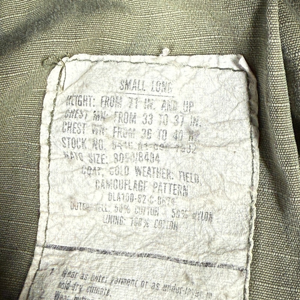 Vintage Army Camo Coat Jacket Cold Weather Small Long Woodland Distressed FLAW - Picture 5 of 16